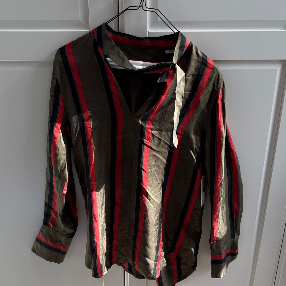 Equipment Olive and Red Striped Blouse